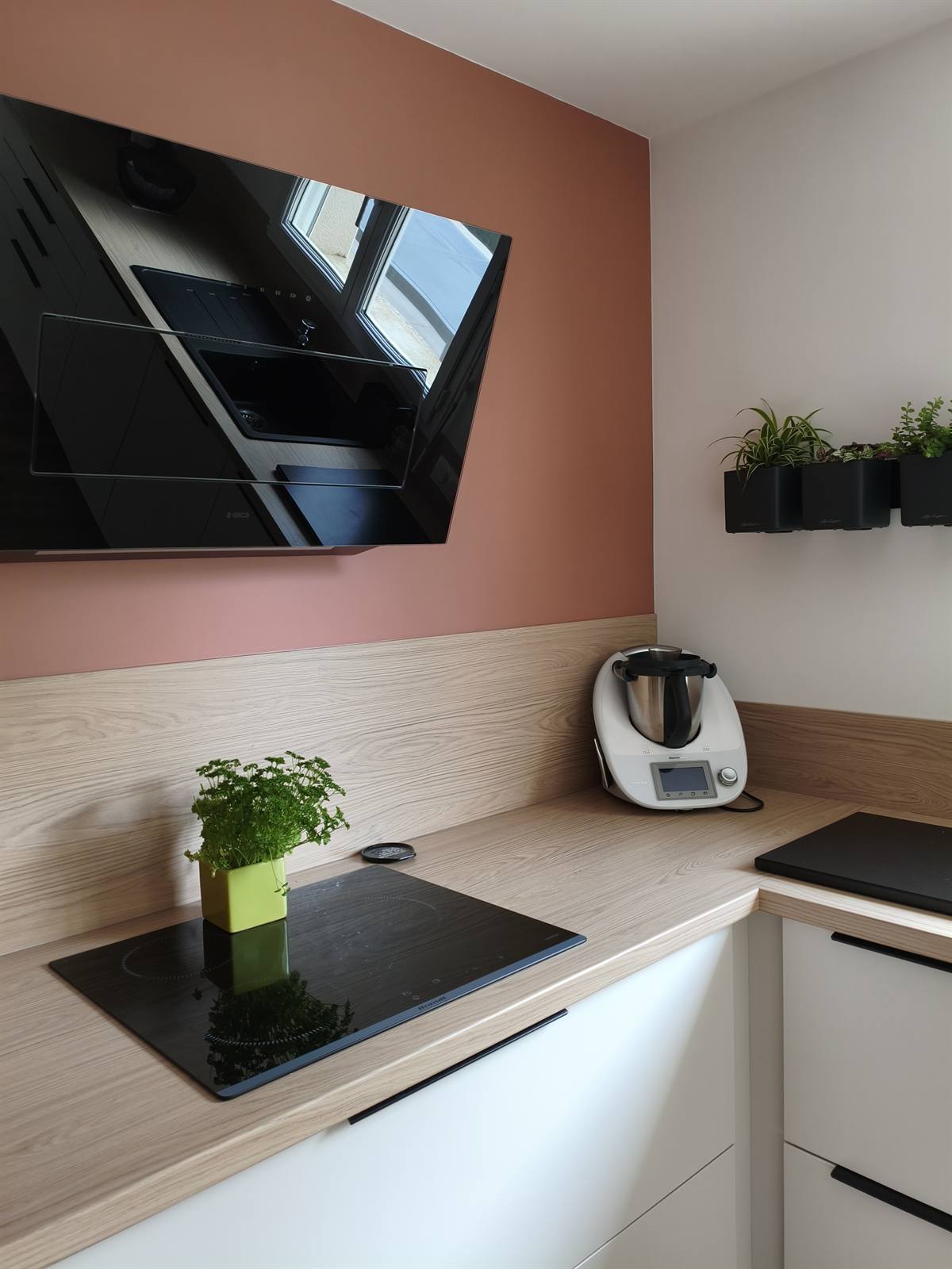 Plaque de cuisson et hotte inclinée noire devant le mur terracotta, crédence en bois