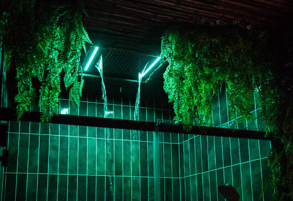 Douche au carrelage vert : pluie en cascade éclairée et fougères suspendues au plafond