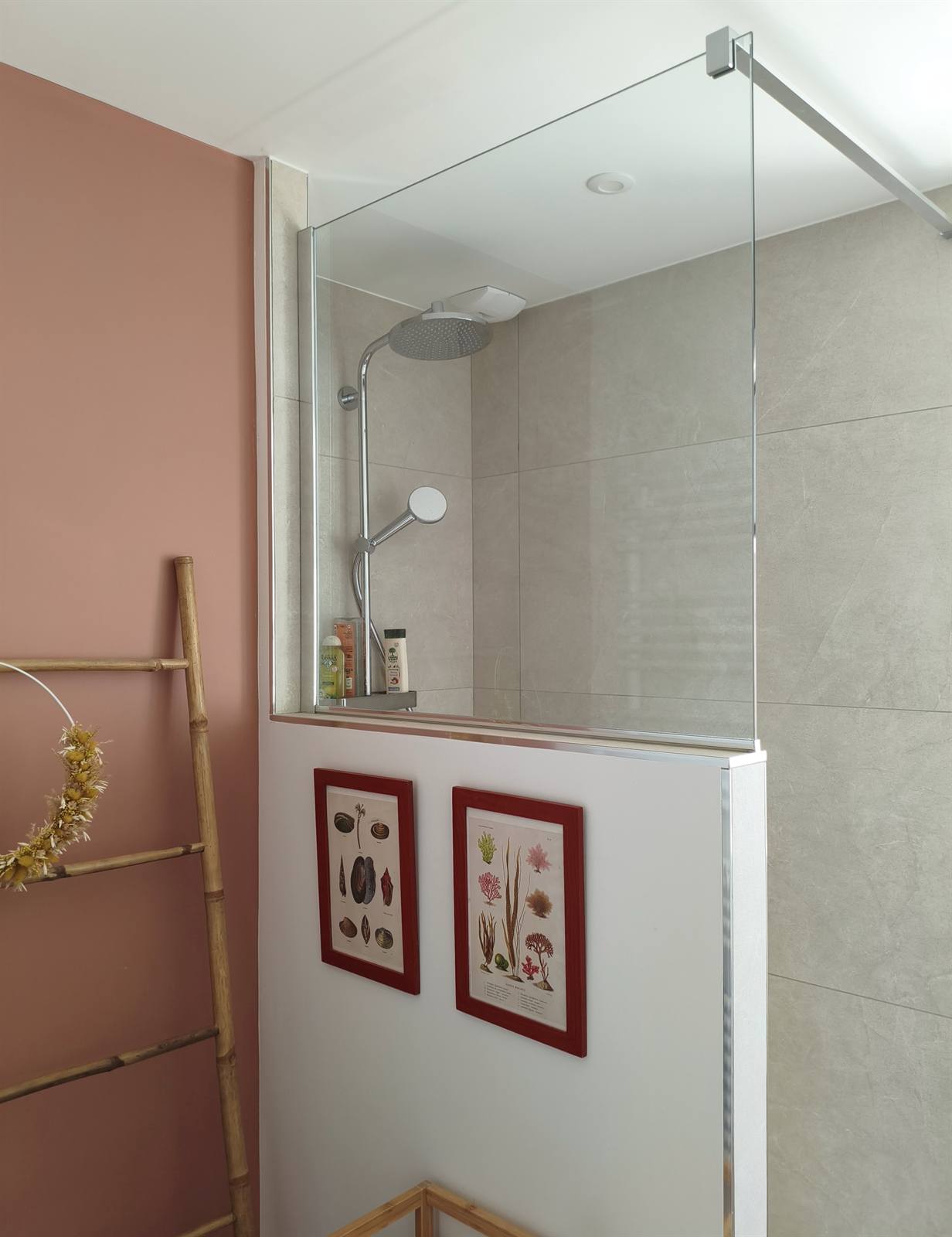 Douche agrandie à paroi vitrée, mur rose poudré et cadres botaniques